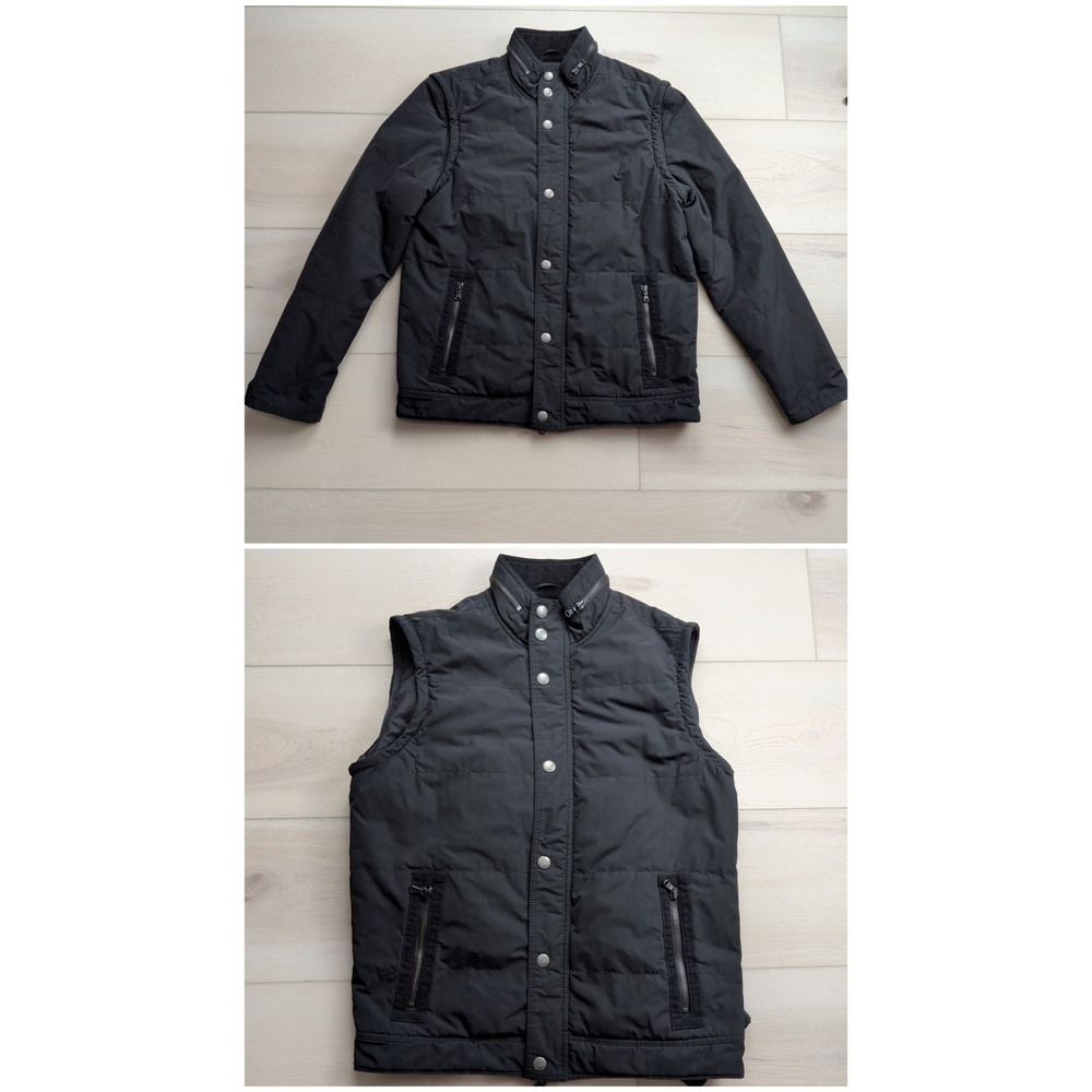 John Varvatos Quilted Jacket Vest Convertible Mens M Black Snap Stand Collar